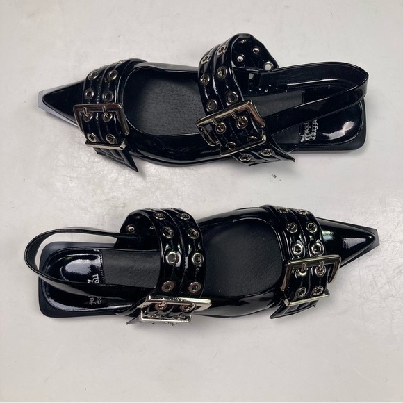 NWOT JEFFREY CAMPBELL Deb Patent Black Studded Pointed Toe Buckle Sandal Flat - Picture 2 of 9